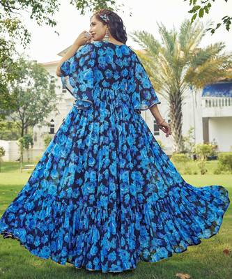 Women blue floral print georgette fit & flare gown 2