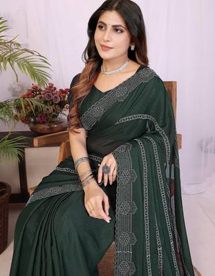 Green georgette swarovski work saree with matching blouse piece 4