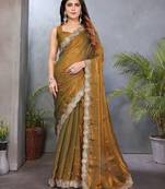 Olive fendy chiffon embroidery work saree with matching blouse piece