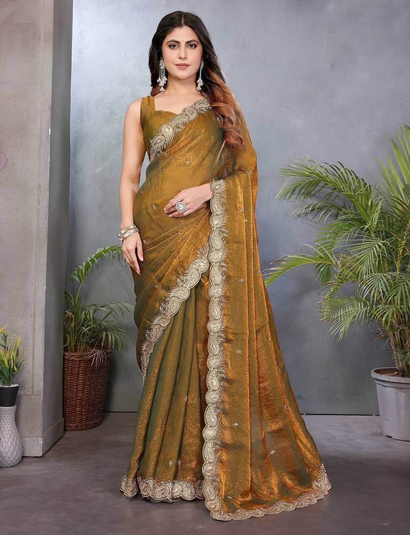 Olive fendy chiffon embroidery work saree with matching blouse piece