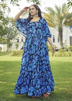 Women blue floral print georgette fit & flare gown 3
