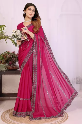rani pink georgette swarovski work saree with matching blouse piece