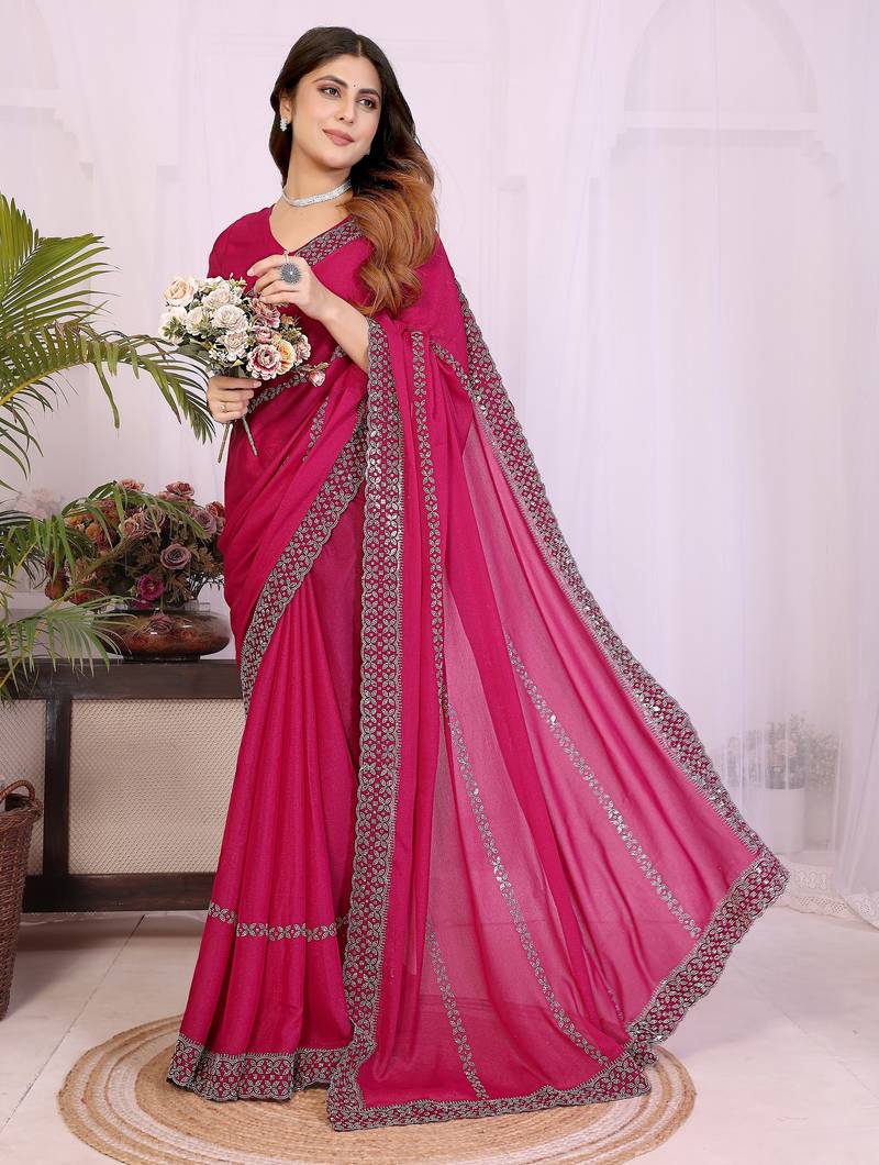rani pink georgette swarovski work saree with matching blouse piece