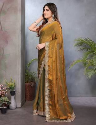 Olive fendy chiffon embroidery work saree with matching blouse piece 3