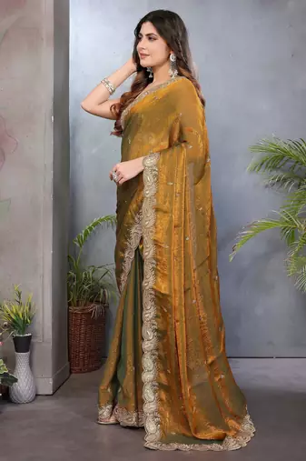 Olive fendy chiffon embroidery work saree with matching blouse piece