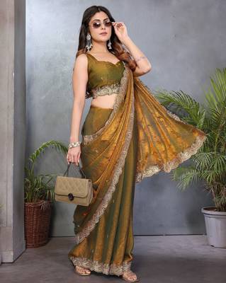 Olive fendy chiffon embroidery work saree with matching blouse piece 4