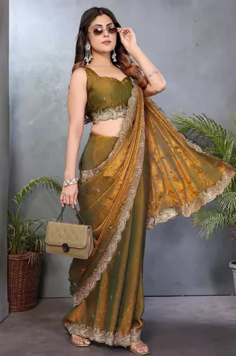 Olive fendy chiffon embroidery work saree with matching blouse piece