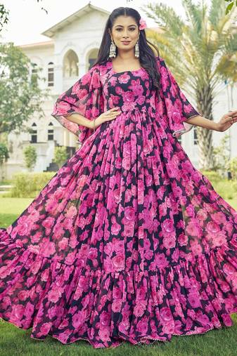 Women pink floral print georgette fit & flare gown