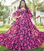 Women pink floral print georgette fit & flare gown
