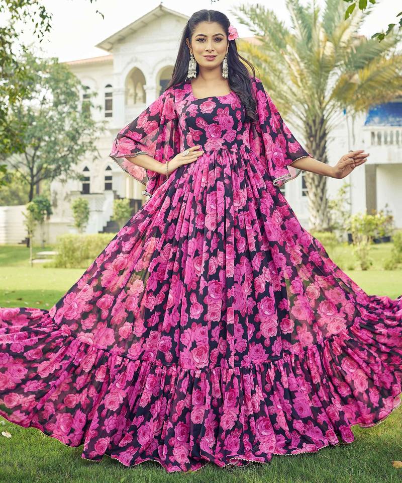 Women pink floral print georgette fit & flare gown