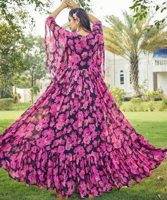 Women pink floral print georgette fit & flare gown 2