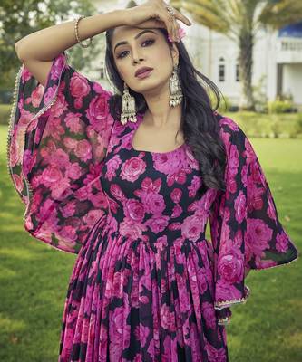 Women pink floral print georgette fit & flare gown 3