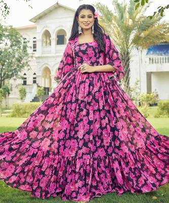 Women pink floral print georgette fit & flare gown 4