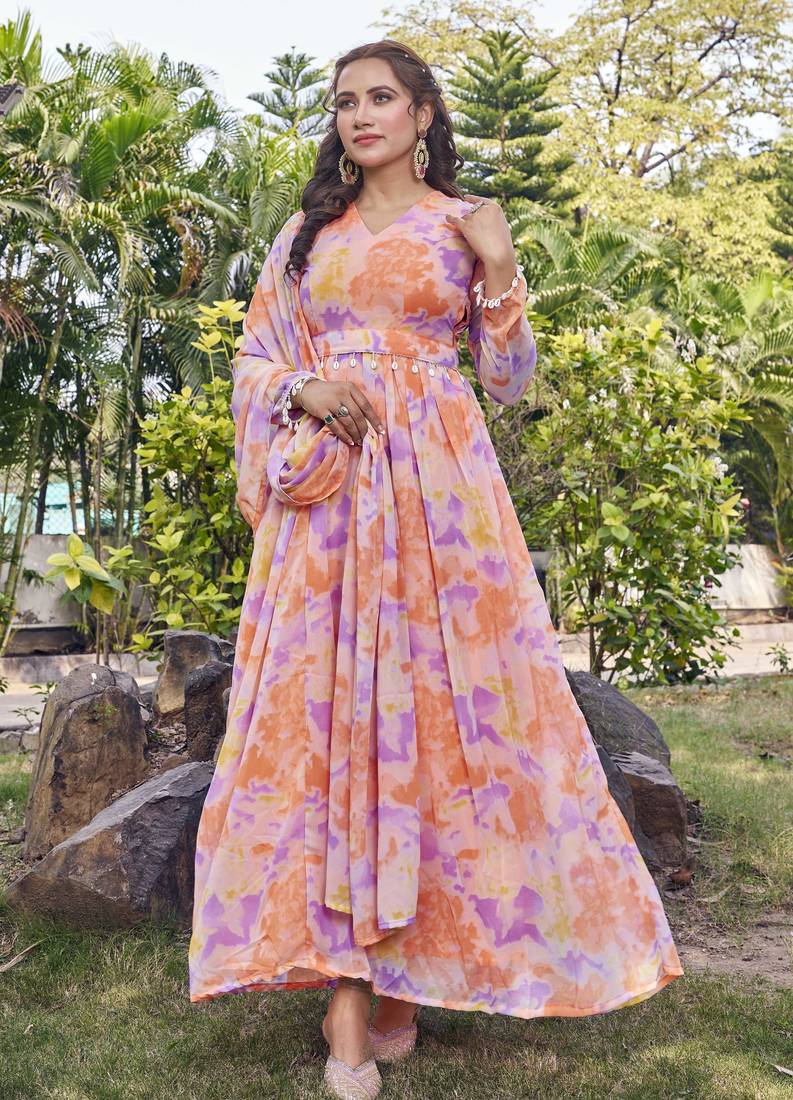 Women peach tie dye georgette fit & flare gown