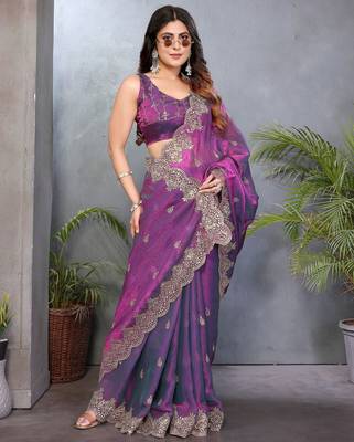 Purple fendy chiffon embroidery work saree with matching blouse piece 4