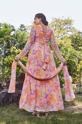 Women peach tie dye georgette fit & flare gown 2