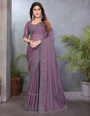 Mauve  georgette swarovski work saree with matching blouse piece 1
