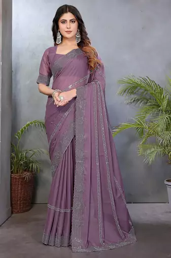 Mauve  georgette swarovski work saree with matching blouse piece