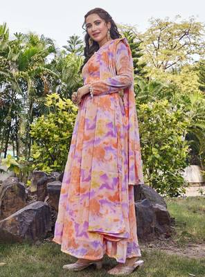 Women peach tie dye georgette fit & flare gown 3
