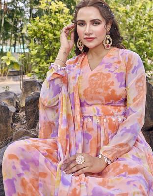 Women peach tie dye georgette fit & flare gown 4