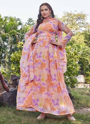 Women peach tie dye georgette fit & flare gown 5