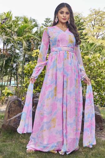 Women pink tie dye georgette fit & flare gown