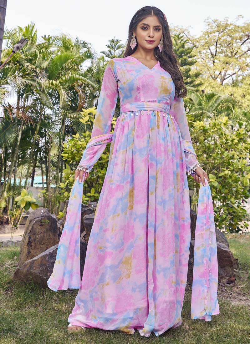 Women pink tie dye georgette fit & flare gown