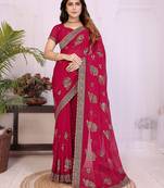 Rani pink georgette embroidery work saree with matching blouse piece