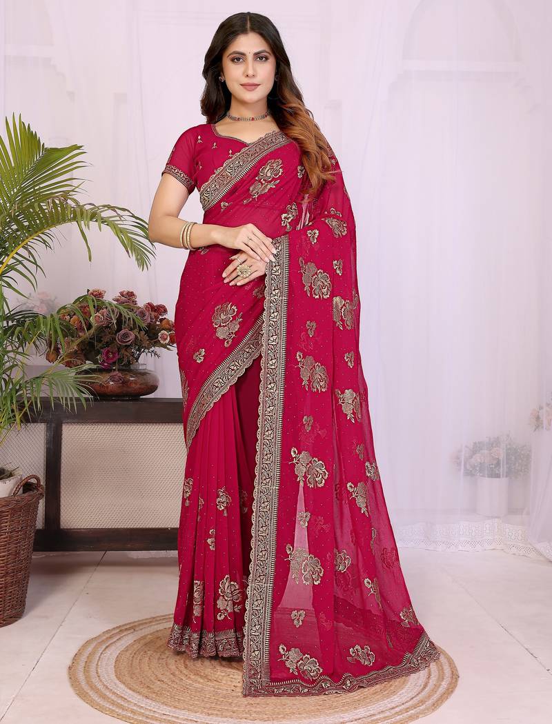 Rani pink georgette embroidery work saree with matching blouse piece