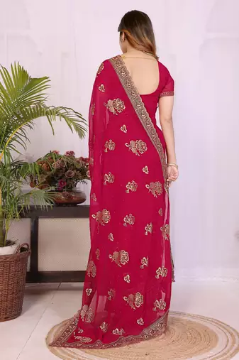 Rani pink georgette embroidery work saree with matching blouse piece