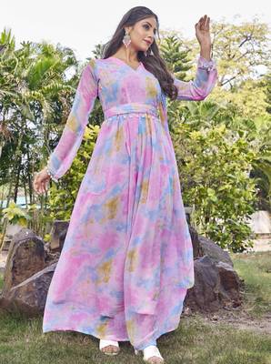 Women pink tie dye georgette fit & flare gown 3