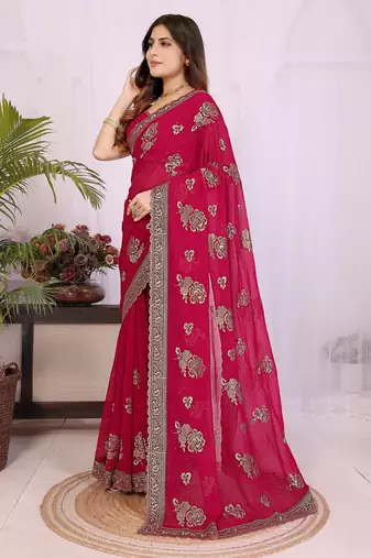 Rani pink georgette embroidery work saree with matching blouse piece