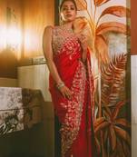 Red heavy embroidered rangoli silk blend saree