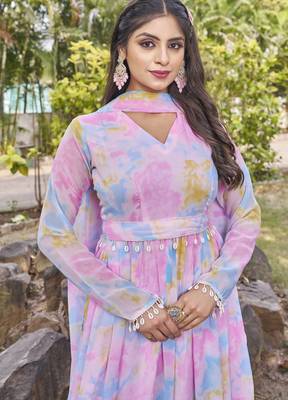 Women pink tie dye georgette fit & flare gown 4