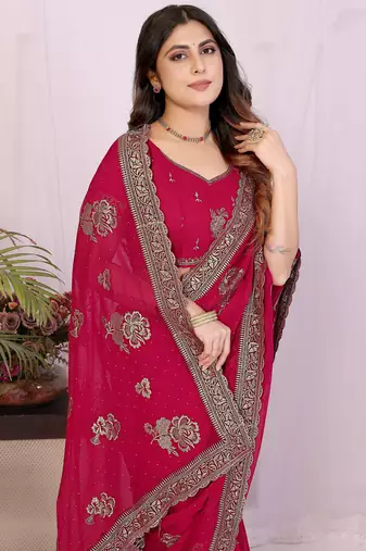 Rani pink georgette embroidery work saree with matching blouse piece