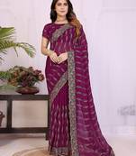 Wine georgette embroidery work saree with matching blouse piece