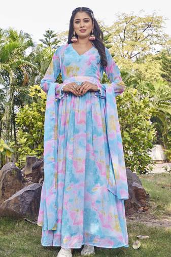 Women sky blue tie dye georgette fit & flare gown