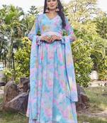Women sky blue tie dye georgette fit & flare gown