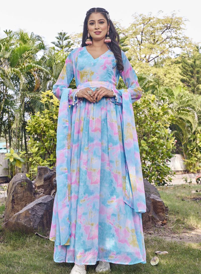 Women sky blue tie dye georgette fit & flare gown