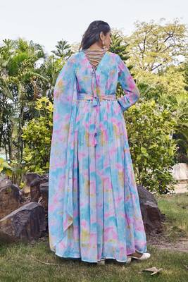 Women sky blue tie dye georgette fit & flare gown 2