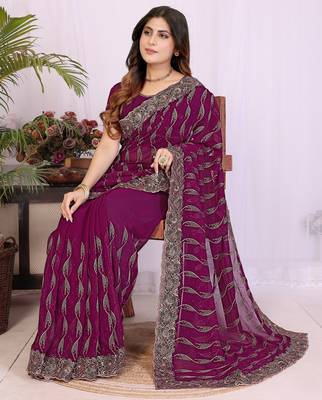 Wine georgette embroidery work saree with matching blouse piece 4