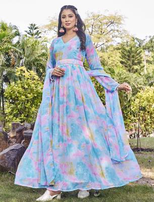 Women sky blue tie dye georgette fit & flare gown 3