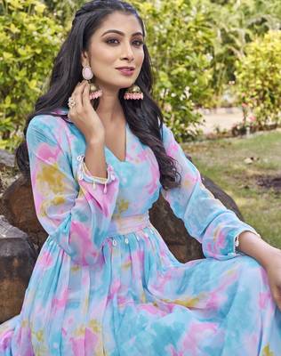 Women sky blue tie dye georgette fit & flare gown 4