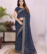 Navy blue georgette embroidery work saree with matching blouse piece