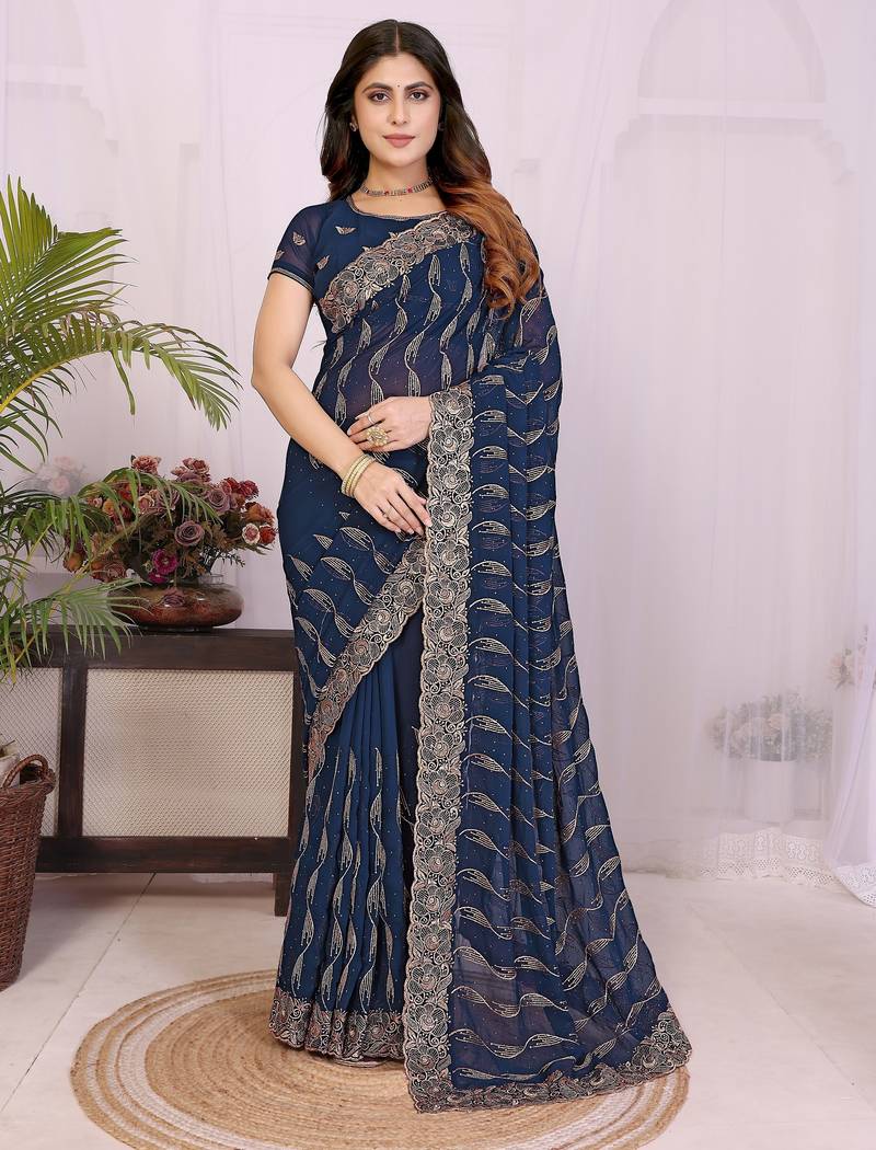 Navy blue georgette embroidery work saree with matching blouse piece
