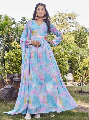 Women sky blue tie dye georgette fit & flare gown 5