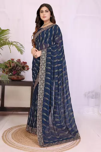 Navy blue georgette embroidery work saree with matching blouse piece