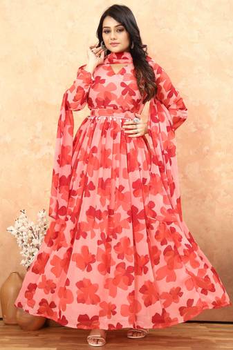 Women red floral print georgette fit & flare gown