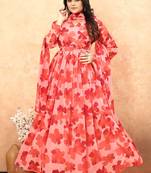 Women red floral print georgette fit & flare gown