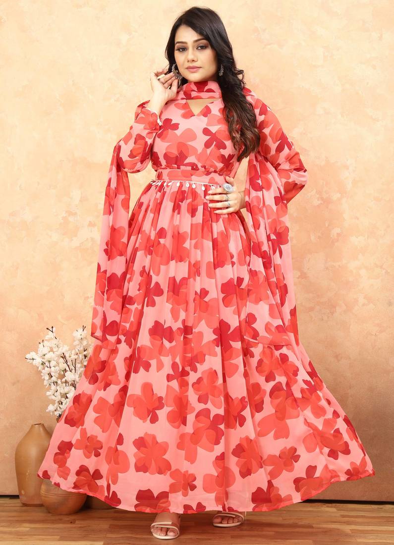 Women red floral print georgette fit & flare gown